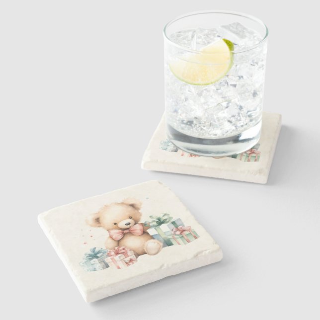 Cute Teddy Bear with Christmas Presents Stone Coaster (Side)