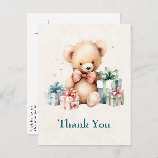 Cute Teddy Bear with Christmas Presents Thank You Postcard (Front/Back)