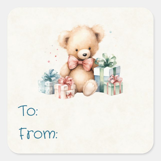 Cute Teddy Bear with Christmas Presents To & From Square Sticker (Front)