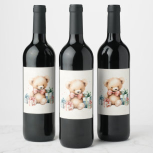 Cute Teddy Bear with Christmas Presents Wine Label