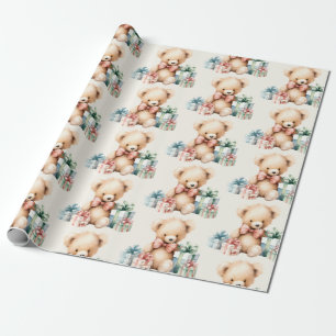Cute Teddy Bear with Christmas Presents Wrapping Paper