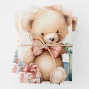Cute Teddy Bear with Christmas Presents Wrapping Paper Sheet