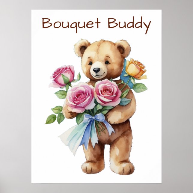 Cute Teddy Bear with Flower Bouquet Poster  (Front)