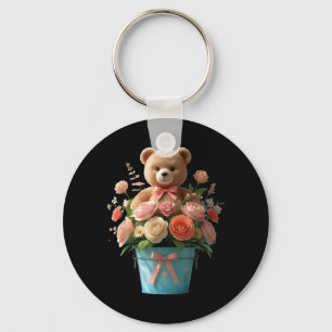 Cute Teddy Bear with Flower Funny Unisex Design Key Ring
