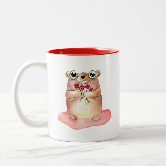 Cute Teddy Bear with Flowers Collectable Two-Tone Coffee Mug (Left)