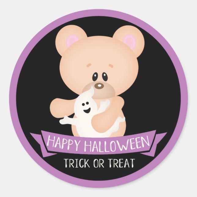 Cute Teddy Bear with Ghost - Halloween Classic Round Sticker (Front)