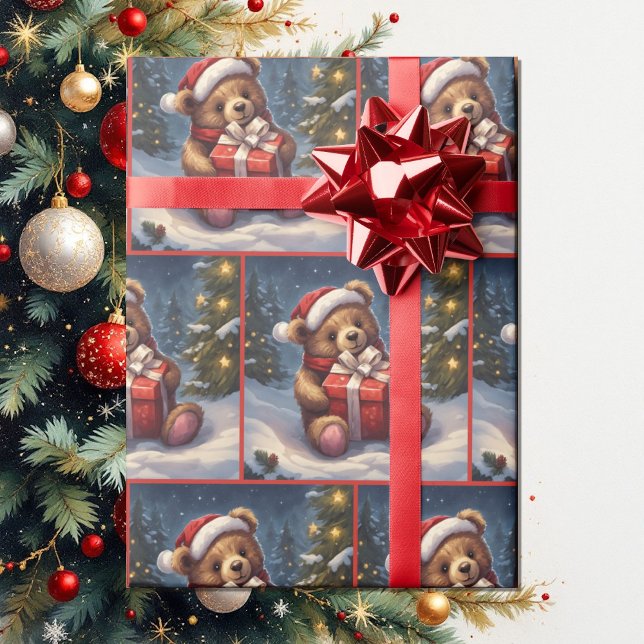 Cute Teddy Bear with Gift Christmas Roll of Wrapping Paper (Creator Uploaded)