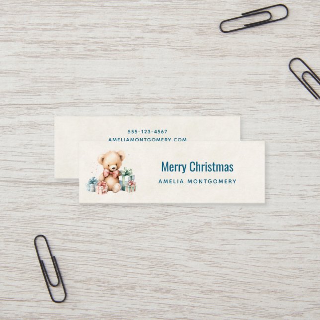 Cute Teddy Bear with Gifts Merry Christmas Mini Business Card (Front/Back In Situ)