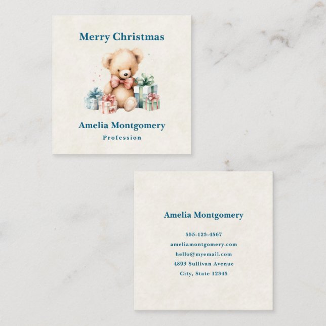 Cute Teddy Bear with Gifts Merry Christmas Square Business Card (Front/Back)
