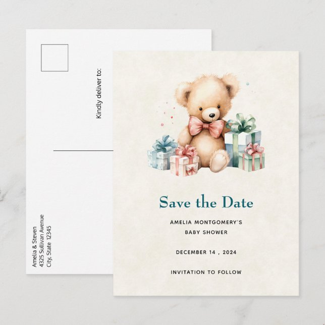 Cute Teddy Bear with Gifts Save the Date Announcement Postcard (Front/Back)