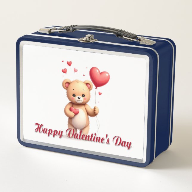 Cute Teddy Bear with Heart – Happy Valentine’s Day Metal Lunch Box (Front)