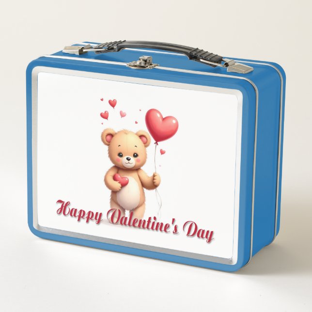 Cute Teddy Bear with Heart – Happy Valentine’s Day Metal Lunch Box (Front)