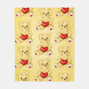 Cute Teddy Bear With Heart Pattern Yellow For Girl Fleece Blanket