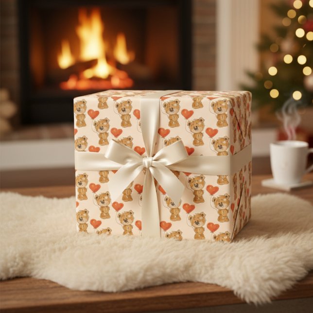 Cute Teddy Bear with Orange Heart Balloons Wrapping Paper Sheet (Cute Teddy Bear with Orange Heart Balloons Wrapping Paper Sheets)