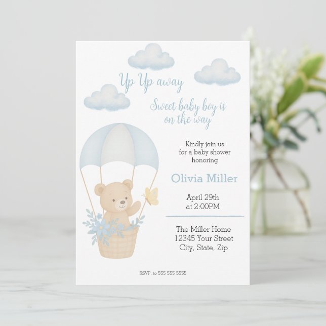 Cute Teddy Bear with Parachute Baby Shower  Invitation (Standing Front)