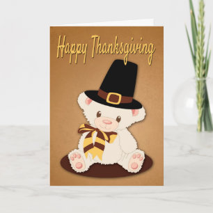Cute Teddy Bear with Pilgrim Hat for Thanksgiving Holiday Card