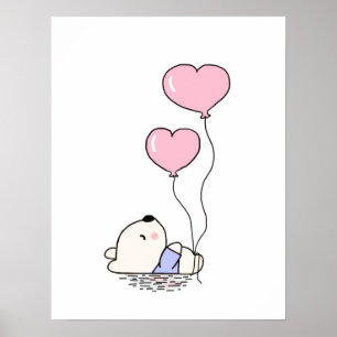 Cute Teddy Bear with Pink Balloons Girls Bedroom Poster