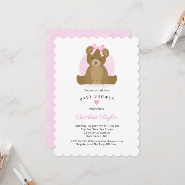 Cute Teddy Bear with Pink Bow Baby Girl Shower Invitation (Front/Back In Situ)