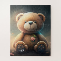 Cute teddy bear with pink rose monogram AI art  Jigsaw Puzzle