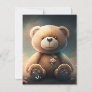 Cute teddy bear with pink rose typography AI art