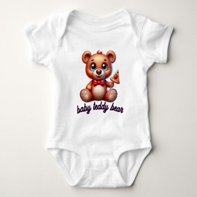 🧸Cute Teddy Bear with Pizza  Baby Bodysuit (Front)