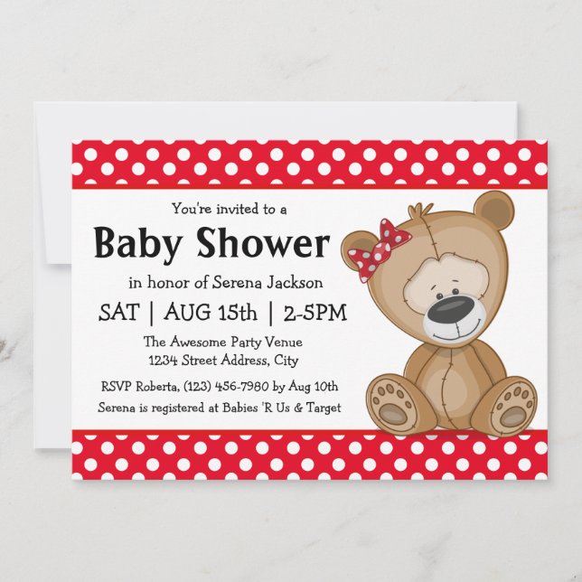 Cute Teddy Bear with Polka Dots Baby Shower Invitation (Front)