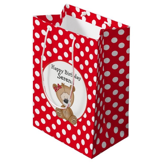 Cute Teddy Bear with Polka Dots Birthday Medium Gift Bag (Front Angled)