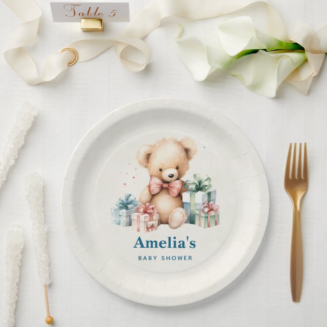 Cute Teddy Bear with Presents Baby Shower Paper Plate (Wedding)