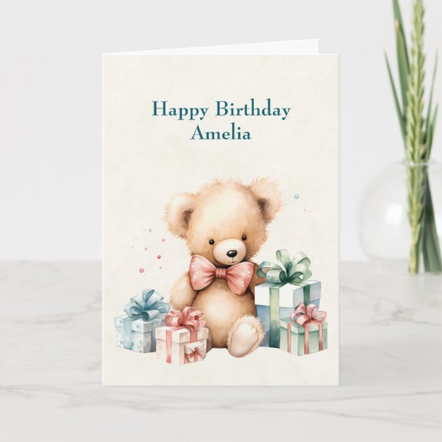 Cute Teddy Bear with Presents Birthday Card (Front)