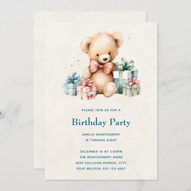 Cute Teddy Bear with Presents Birthday Invitation (Front/Back)
