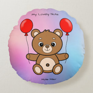 Cute Teddy Bear with Red Balloons Cartoon Round Cushion