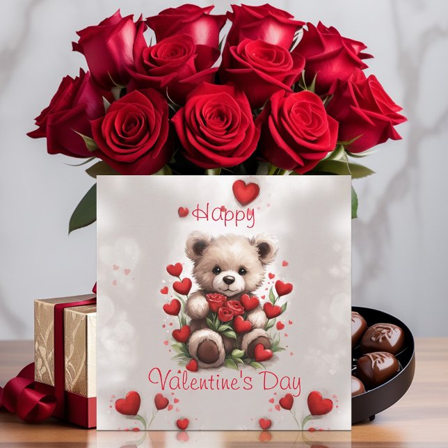 Cute Teddy Bear with Roses & Hearts Valentines Day Holiday Card (Creator Uploaded)