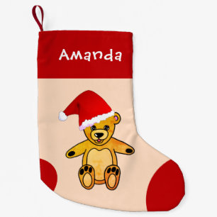 Cute Teddy Bear with Santa Clause Red Hat Kids Small Christmas Stocking