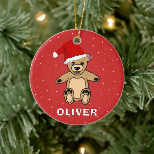 Cute Teddy Bear with Santa Hat Name Ceramic Ornament
