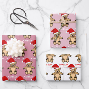 Cute Teddy Bear with Santa Hat Pink Christmas Kids Wrapping Paper Sheet