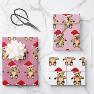 Cute Teddy Bear with Santa Hat Pink Christmas Wrapping Paper Sheet