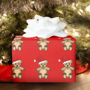 Cute Teddy Bear with Santa Hat Red Christmas Wrapping Paper