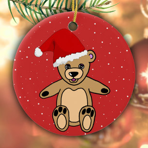 Cute Teddy Bear with Santa Hat Red Kids Ceramic Ornament