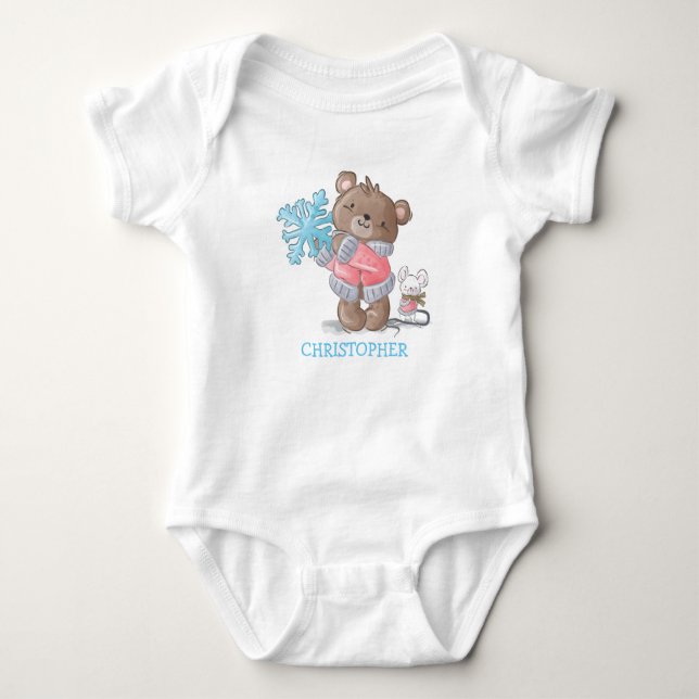 Cute teddy bear with snowflake and mouse gift boy baby bodysuit (Front)