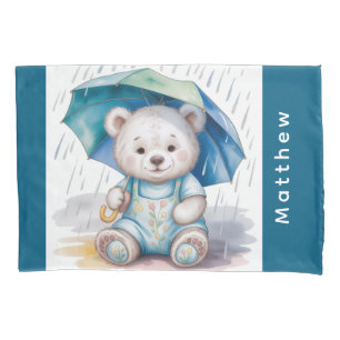 Cute Teddy Bear With Umbrella Boy Baby Shower Gift Pillowcase