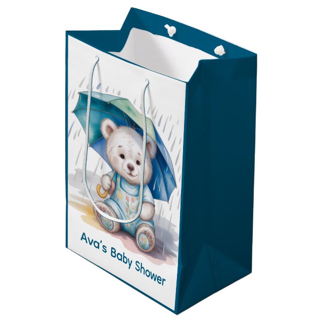 Cute Teddy Bear With Umbrella Boy Baby Shower Medium Gift Bag (Front Angled)