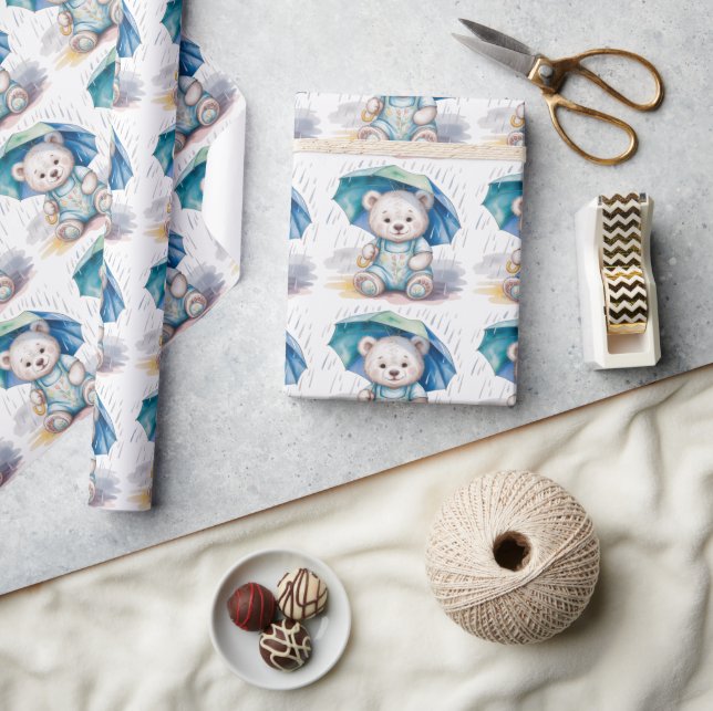 Cute Teddy Bear With Umbrella Boy Baby Shower Wrapping Paper (Crafts)