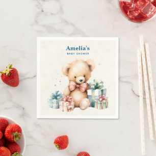 Cute Teddy Bear with Wrapped Presents Baby Shower Napkin