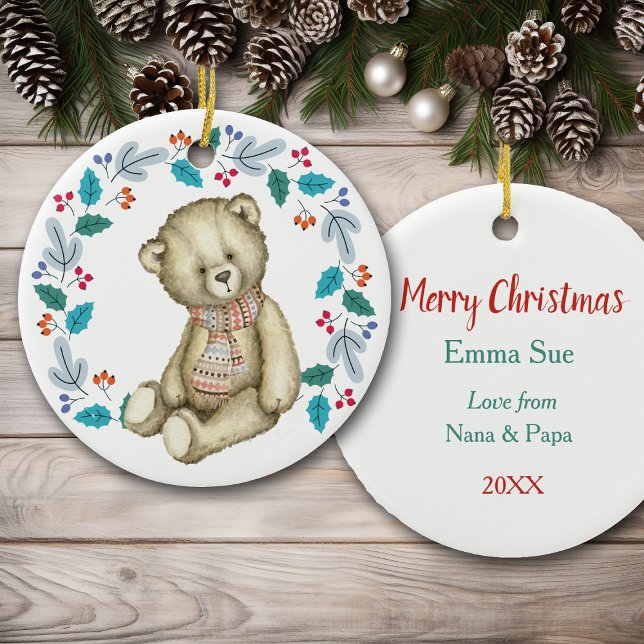 Cute Teddy Bear Wreath Christmas Ceramic Ornament (Creator Uploaded)
