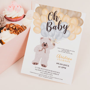 Cute teddy bear yellow balloon neutral baby shower invitation