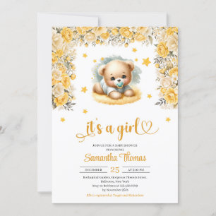 Cute teddy bear yellow flowers girl baby shower invitation
