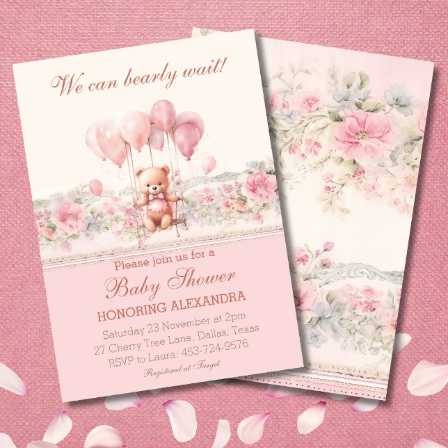 Cute Teddy Bearly Wait Pink Girl Baby Shower Invitation (Creator Uploaded)