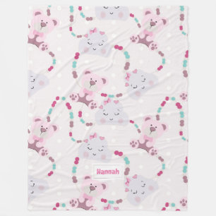 Cute Teddy Bears and Clouds Baby Girl Pattern Fleece Blanket