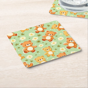 Cute teddy bears and leaves pattern green square paper coaster