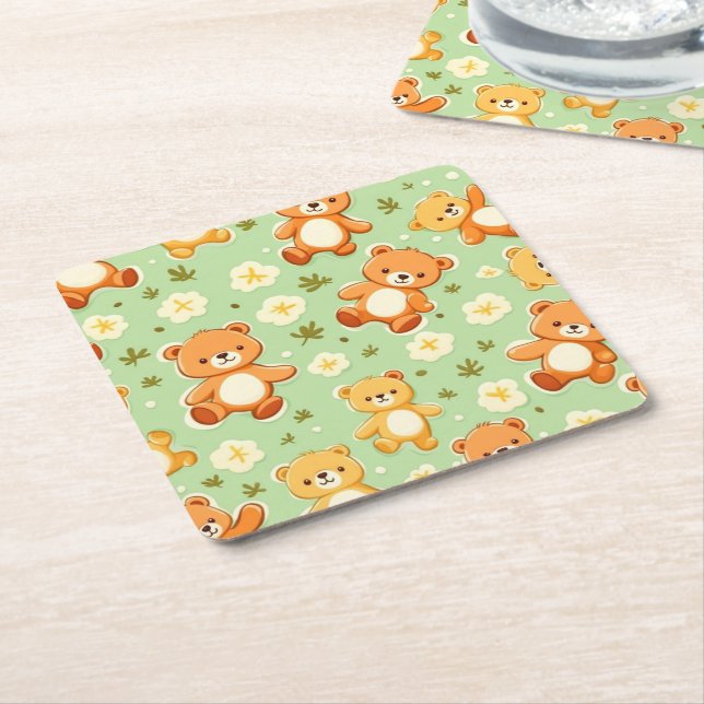 Cute teddy bears and leaves pattern green square paper coaster (Angled)